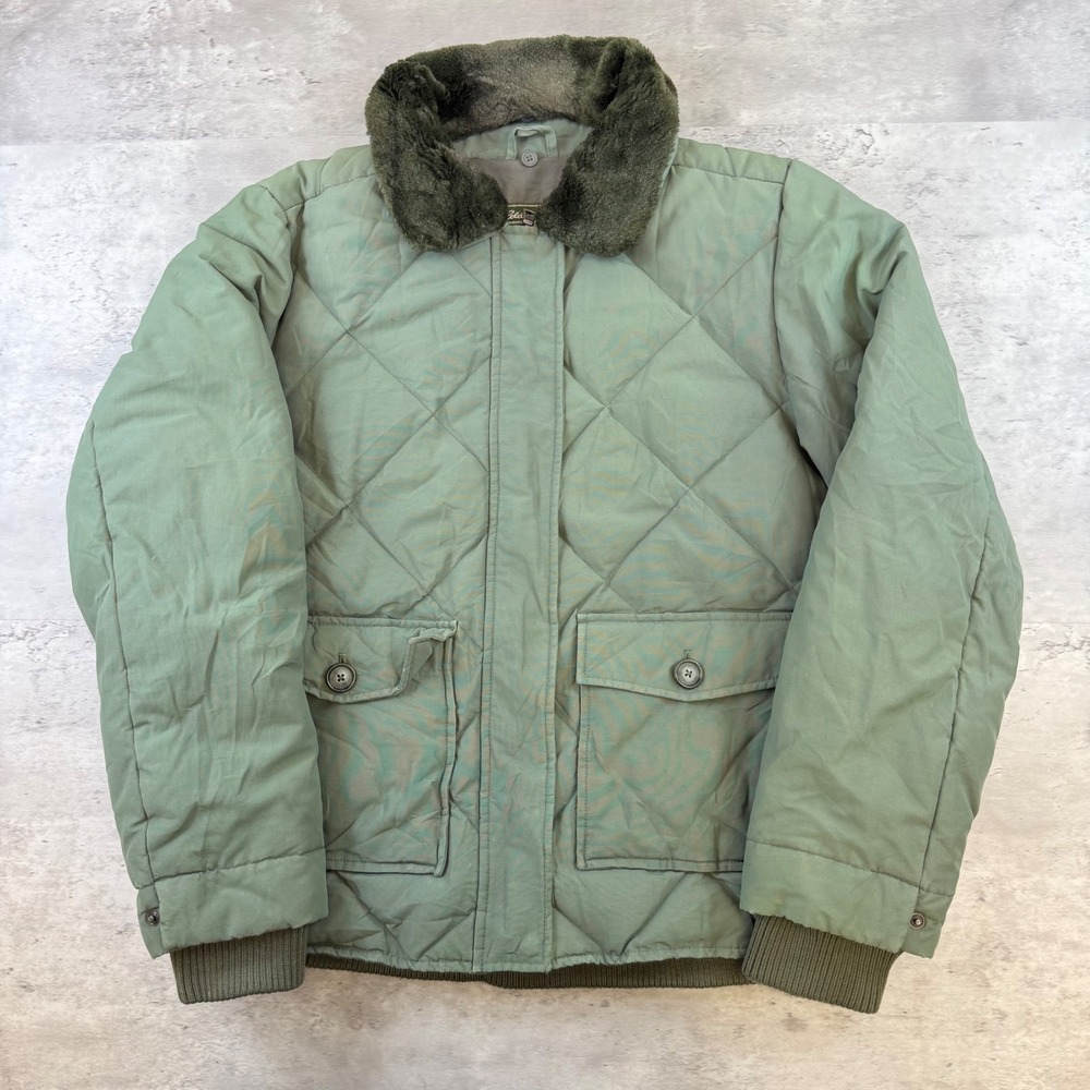 Eddie Bauer Womens Large Green Quilted Goose Down Puffer Jacket Faux Fur Collar